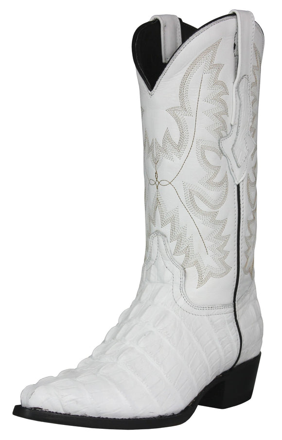 Mens White Cowboy Boots Crocodile Tail Print - J Toe