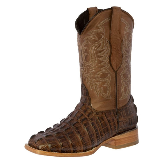Mens #130N Brown Alligator Tail Print Leather Cowboy Boots - Square Toe