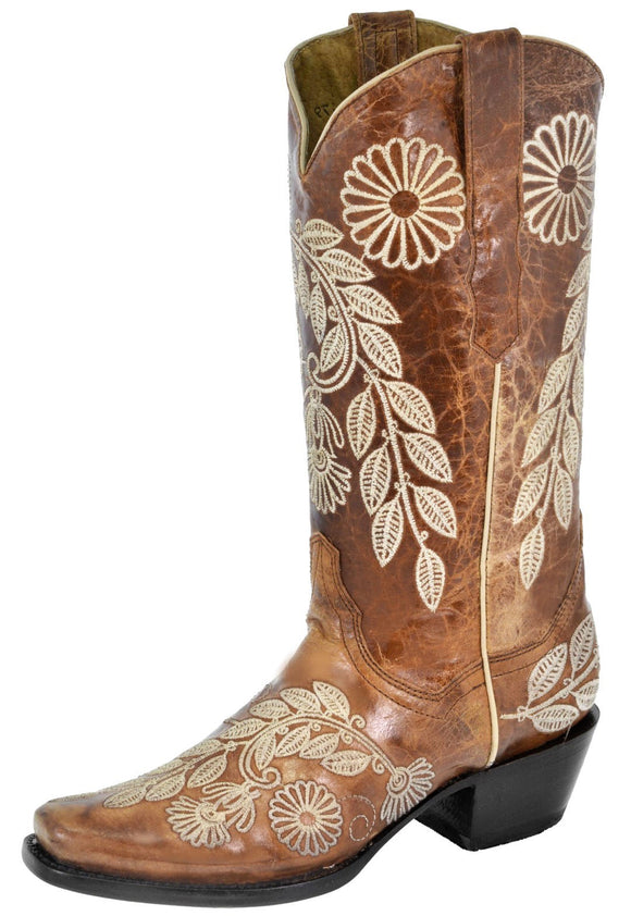Womens Roma Cognac Cowboy Boots Floral Embroidered - Square Toe