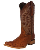 Mens Cognac Ostrich Quill Print Leather Cowboy Boots - 3X Toe