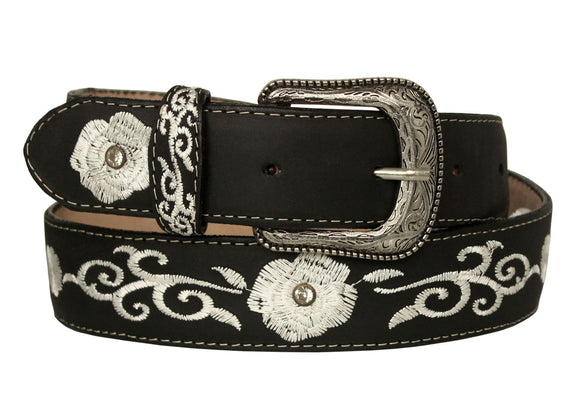 Black #820 Western Cowboy Belt Floral Leather - Removable Buckle