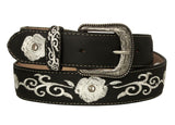 Black #820 Western Cowboy Belt Floral Leather - Removable Buckle