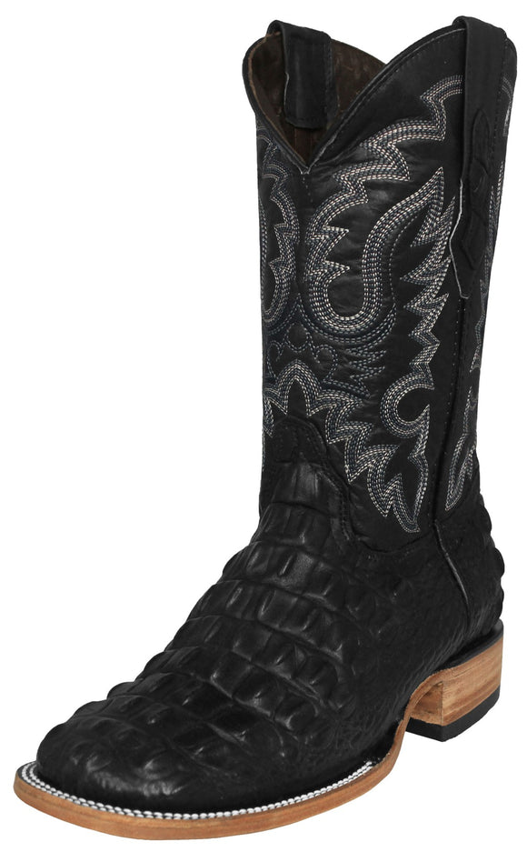 Mens Black Cowboy Boots Crocodile Back Print - Square Toe