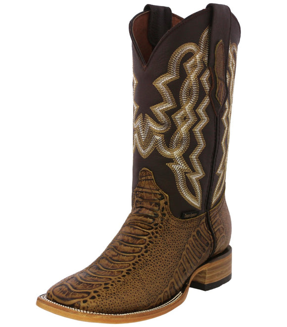 Mens Honey Brown Cowboy Boots Ostrich Leg Print Leather - Square Toe