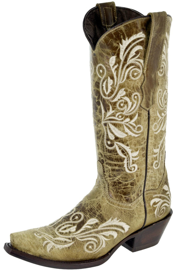 Womens Granada Sand Cowboy Boots Swan Embroidered - Snip Toe
