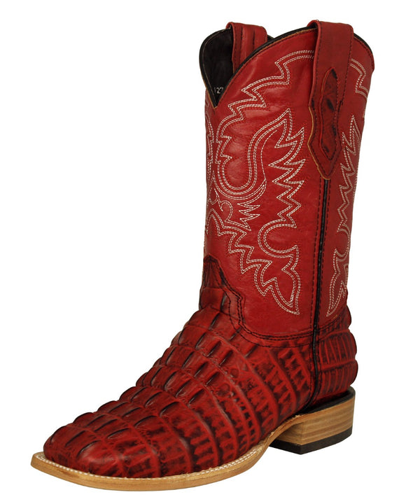 Mens Red Cowboy Boots Crocodile Tail Print - Square Toe
