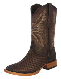 Mens Brown Western Cowboy Boots Woven Leather - Square Toe