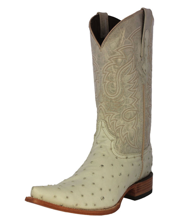 Mens Off White Ostrich Quill Print Leather Cowboy Boots - 3X Toe