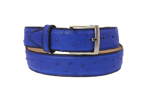 Blue Western Cowboy Belt Ostrich Quill Print Leather - Silver Buckle