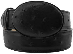 Black Western Cowboy Belt Ostrich Quill Print Leather - Rodeo Buckle
