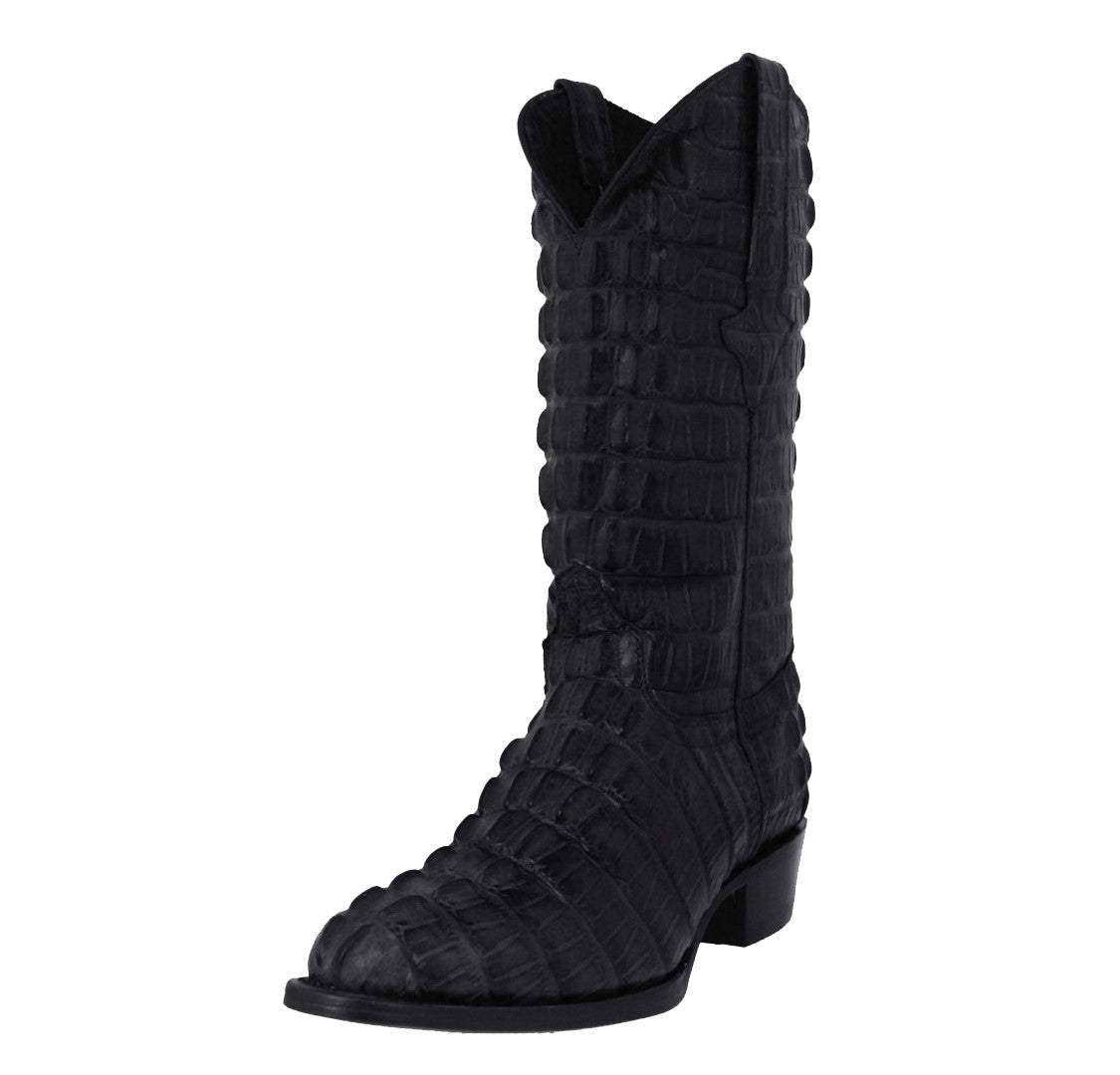 Mens Black Motorcycle Boots Crocodile Back Print - Square Toe