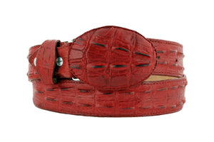 Red Western Belt Crocodile Tail Print Leather - Rodeo Buckle
