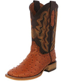Mens Orange Cowboy Boots Ostrich Quill Print Leather - Square Toe