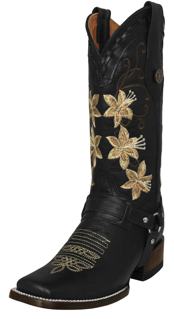 Womens Annie Black Western Boots Leather Boot Straps - Square Toe