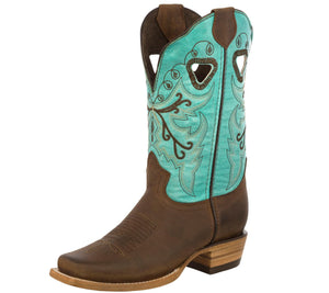 Womens Jesse Brown & Turquoise Western Boots Classic Leather - Square Toe