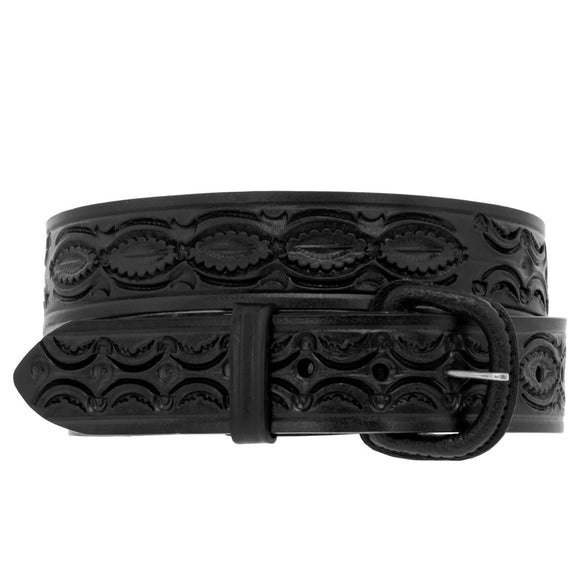 Black Western Cowboy Belt Tooled Leather - Silver Buckle