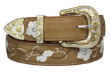 Sand #495 Western Belt Floral Leather - Removable Buckle