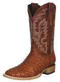 Mens Cognac Cowboy Boots Ostrich Quill Print Leather - Square Toe