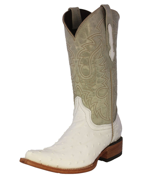 Mens White Ostrich Quill Print Leather Cowboy Boots - 3X Toe