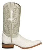 Mens White Cowboy Boots Ostrich Quill Print - 3X Toe