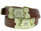 Mens Cognac Cowboy Dress Belt Ostrich Quill Print - Gold Links