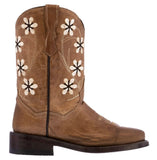 Kids FLWR Almond Western Cowboy Boots Floral Leather - Square Toe