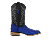 Mens Blue Cowboy Boots Ostrich Quill Print Leather - Square Toe