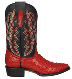 Mens Red Cowboy Boots Ostrich Quill Print Leather - J Toe