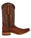 Mens Cognac Ostrich Quill Print Leather Cowboy Boots - 3X Toe