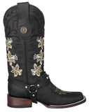 Womens Annie Matte Black Western Boots Leather Boot Straps - Square Toe