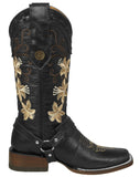 Womens Annie Black Western Boots Leather Boot Straps - Square Toe