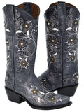 Womens Sofia Denim Blue Leather Cowboy Boots Floral - Snip Toe