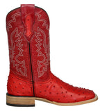 Mens Red Cowboy Boots Ostrich Quill Print Leather - Square Toe
