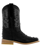 Kids Toddler Black Ostrich Quill Print Cowboy Boots - Square Toe