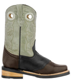 Kids Unisex Real Leather Western Boots Dark Brown Off White Square Toe Botas
