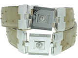Mens Sand Cowboy Dress Belt Ostrich Quill Print - Silver Links