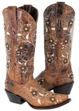 Womens Sofia Cognac Leather Cowboy Boots Floral - Snip Toe