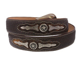 Brown Western Cowboy Leather Belt Ranger Concho - Silver Buckle