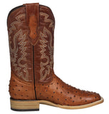 Mens Cognac Cowboy Boots Ostrich Quill Print Leather - Square Toe