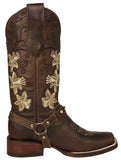 Womens Annie Brown Western Boots Leather Boot Straps - Square Toe
