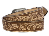 Black Western Cowboy Belt Tooled Leather - Silver Buckle