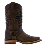 Mens Brown Motorcycle Leather Boots Harness - Square Toe