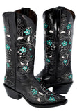 Womens Sofia Black Leather Cowboy Boots Floral - Snip Toe