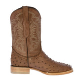 Mens Brown Ostrich Quill Print Leather Cowboy Boots Square Toe