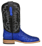 Mens Blue Cowboy Boots Ostrich Quill Print Leather - Square Toe