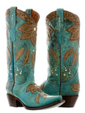 Womens Summer Turquoise & Brown Leather Cowboy Boots - Snip Toe