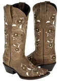 Womens Sofia Light Brown Leather Cowboy Boots Floral - Snip Toe