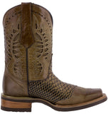 Mens Sand Western Leather Cowboy Boots Snake Print - Square Toe