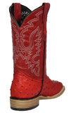 Mens Red Cowboy Boots Ostrich Quill Print Leather - Square Toe