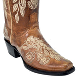 Womens Roma Cognac Cowboy Boots Floral Embroidered - Square Toe